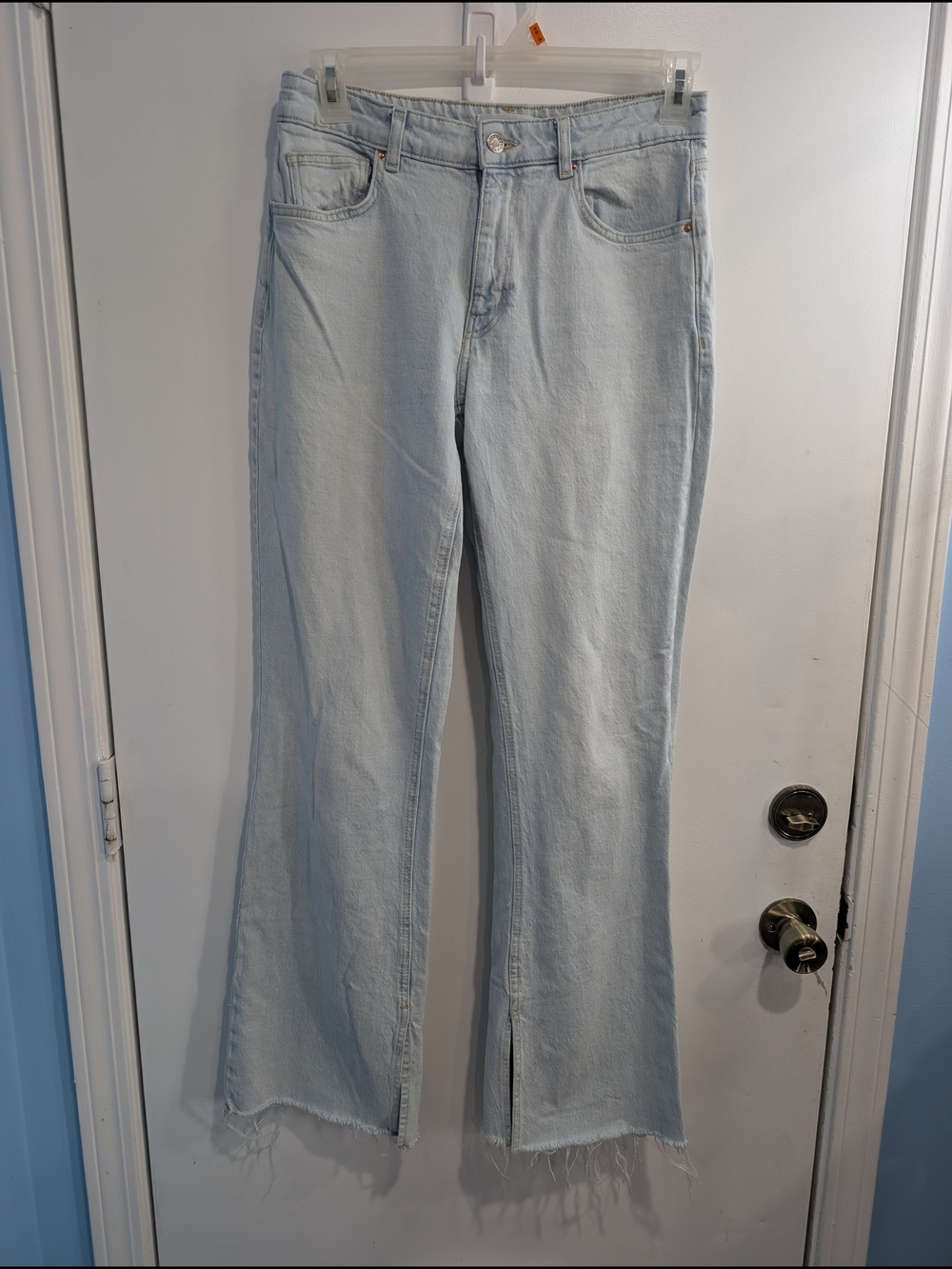 Mango Denim High-Rise Light Blue Flare Jeans with Raw Hem Side Slit Size 8